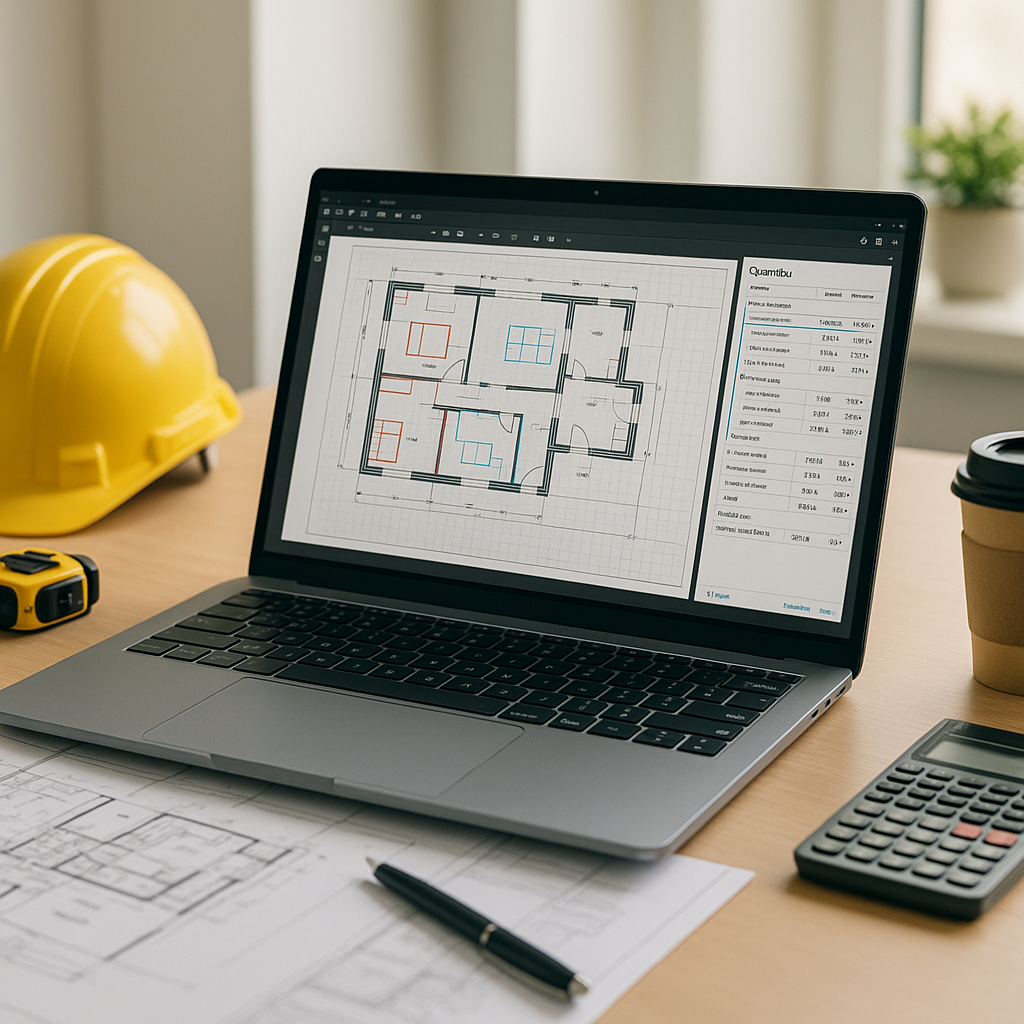 A construction estimator's workstation showing a laptop running AI-powered takeoff software, with a PDF drawing being an...