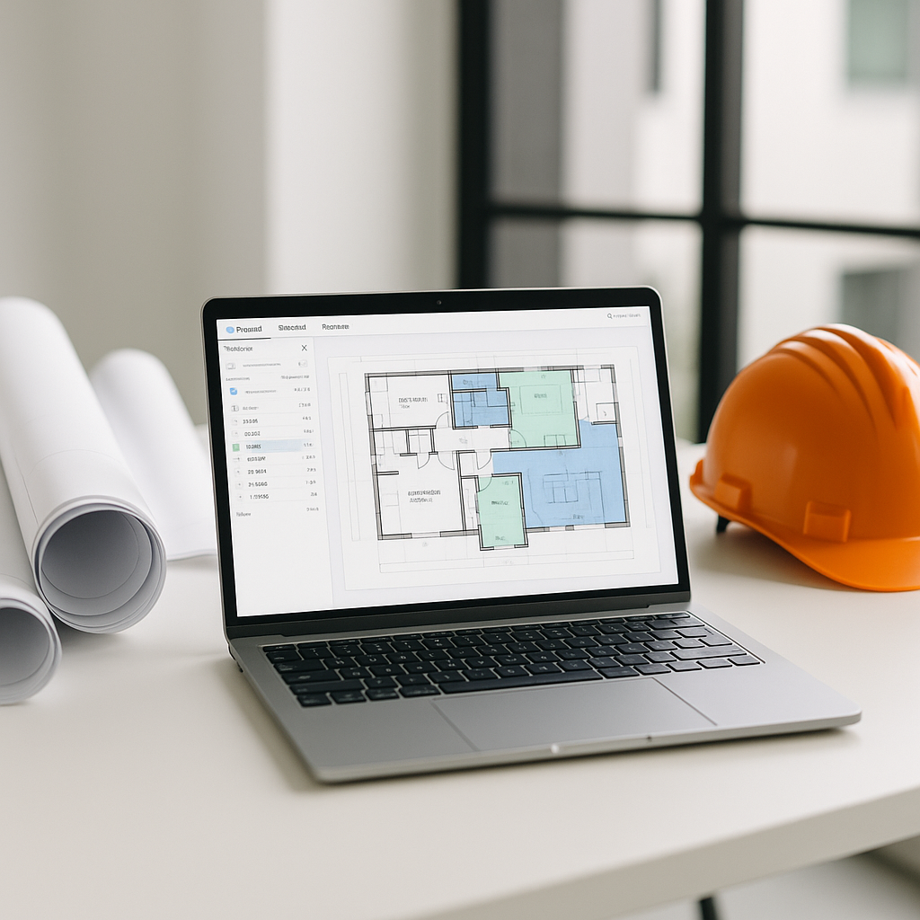 A construction estimator's desk with a laptop displaying an AI-powered takeoff tool, surrounded by rolled-up blueprints...