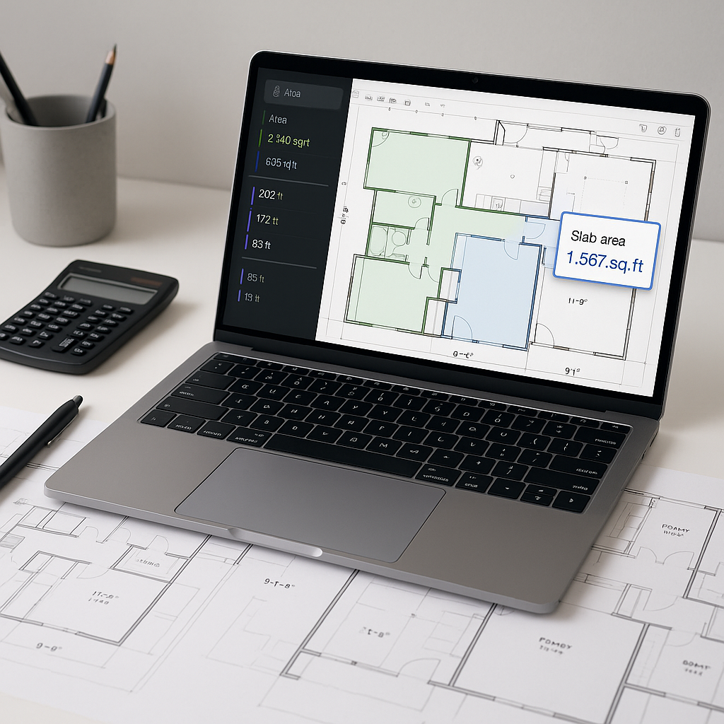 A construction estimator's desk with PDF drawings and a laptop showing AI-powered takeoff software extracting slab areas...