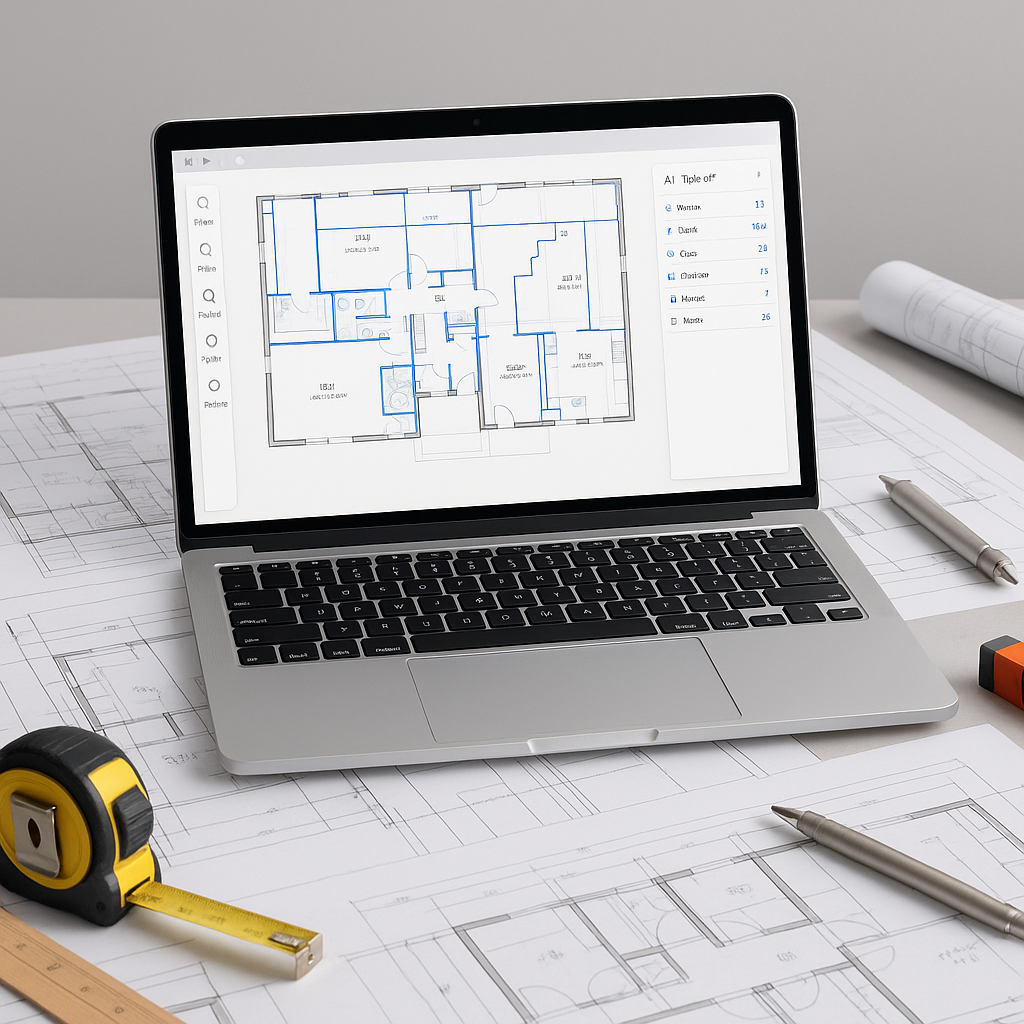A construction estimator's desk with a laptop displaying an AI-powered takeoff tool analyzing a PDF drawing, surrounded...
