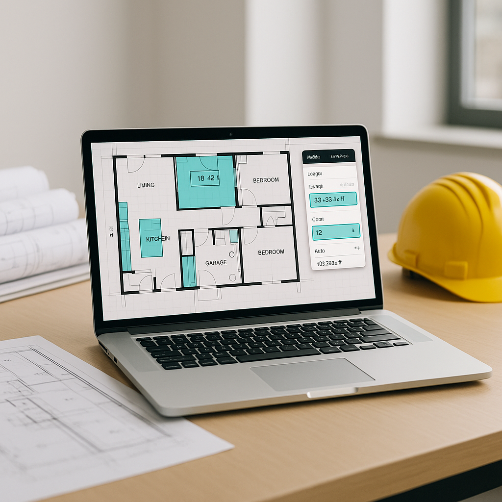 A construction estimator's desk with a laptop screen showing an AI-powered takeoff tool analyzing a digital PDF blueprin...