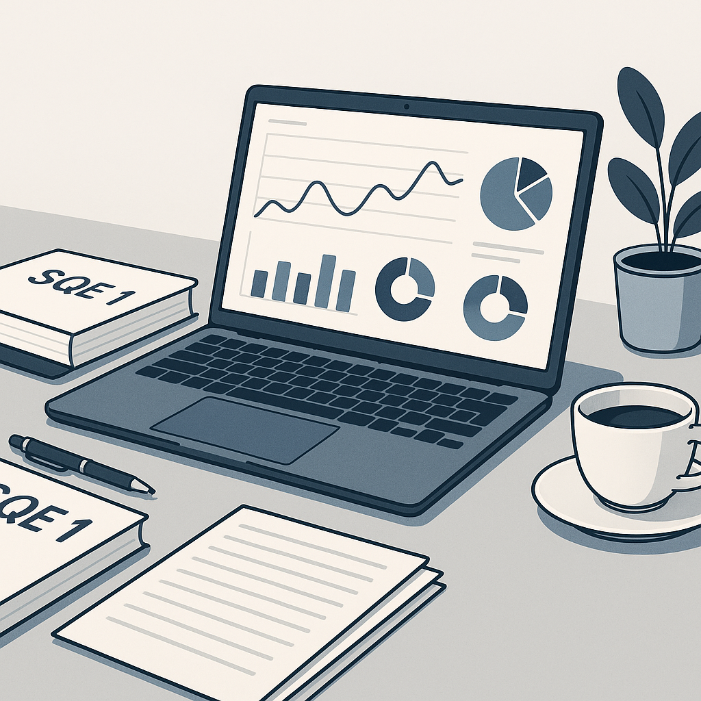 A detailed illustration of a desk setup with SQE1 study materials, a laptop showing an analytics dashboard, and a coffee...