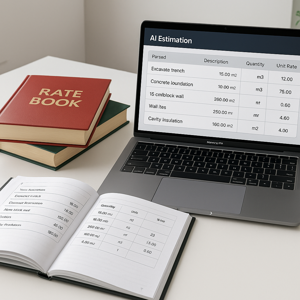 A construction estimator's desk with open rate books, a laptop running AI-powered estimation software, and a BOQ file be...