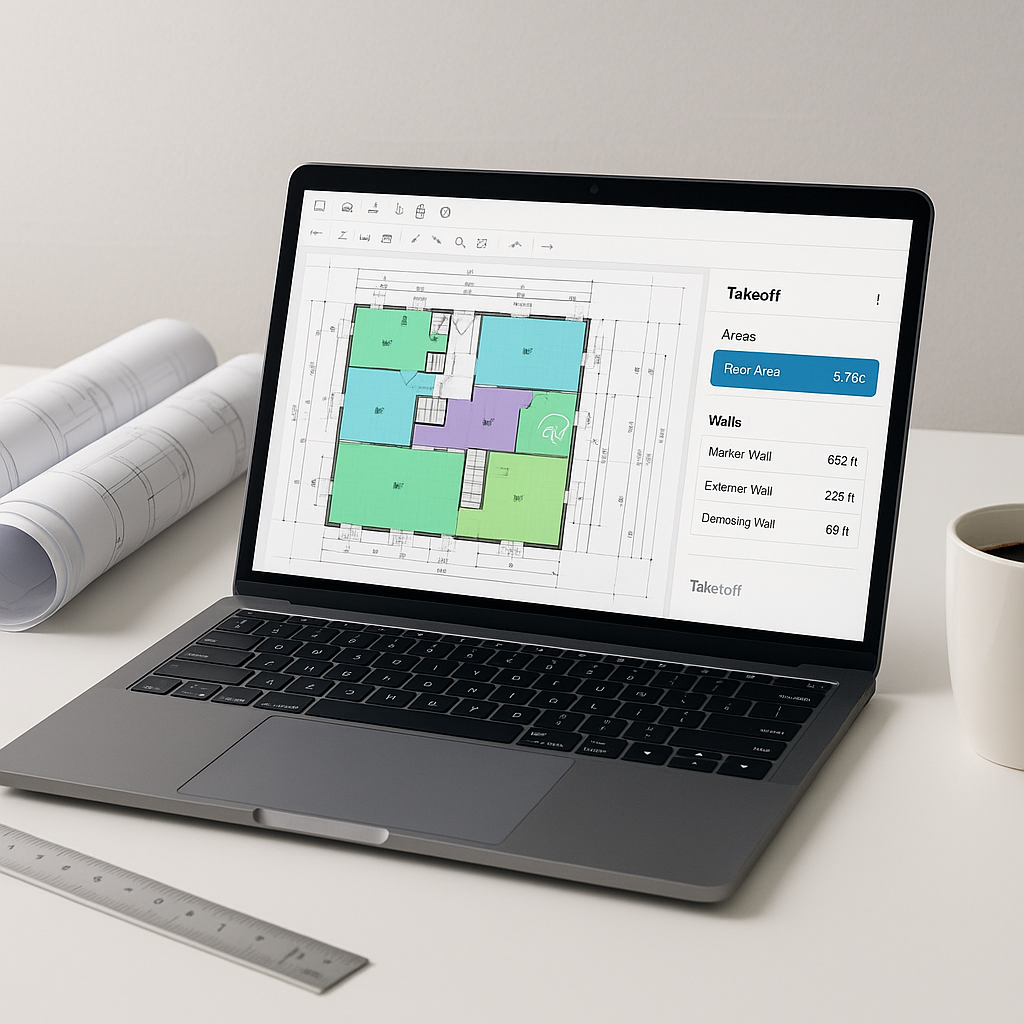 A construction estimator's desk with a laptop displaying an AI-powered takeoff software interface, surrounded by rolled-...