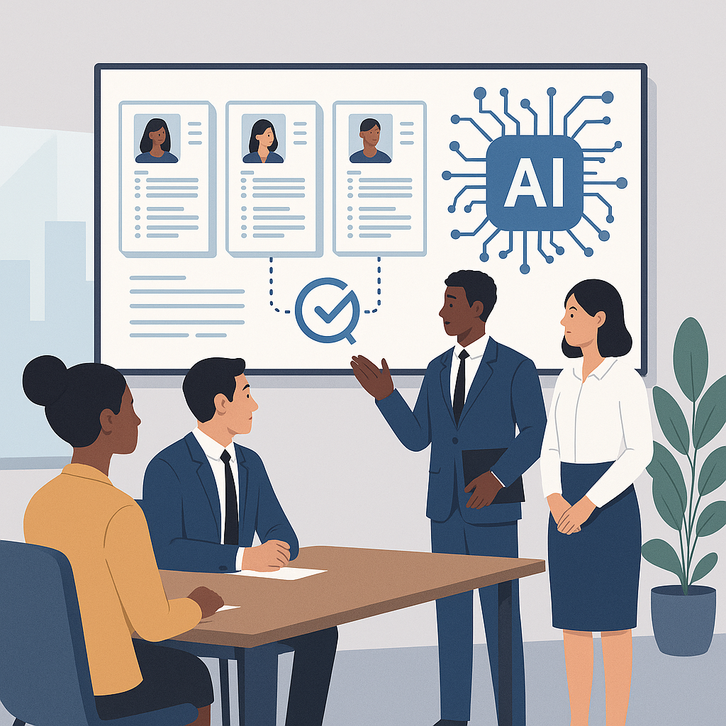 An illustration of diverse professionals in a modern office setting, with a digital AI interface analyzing resumes on a...