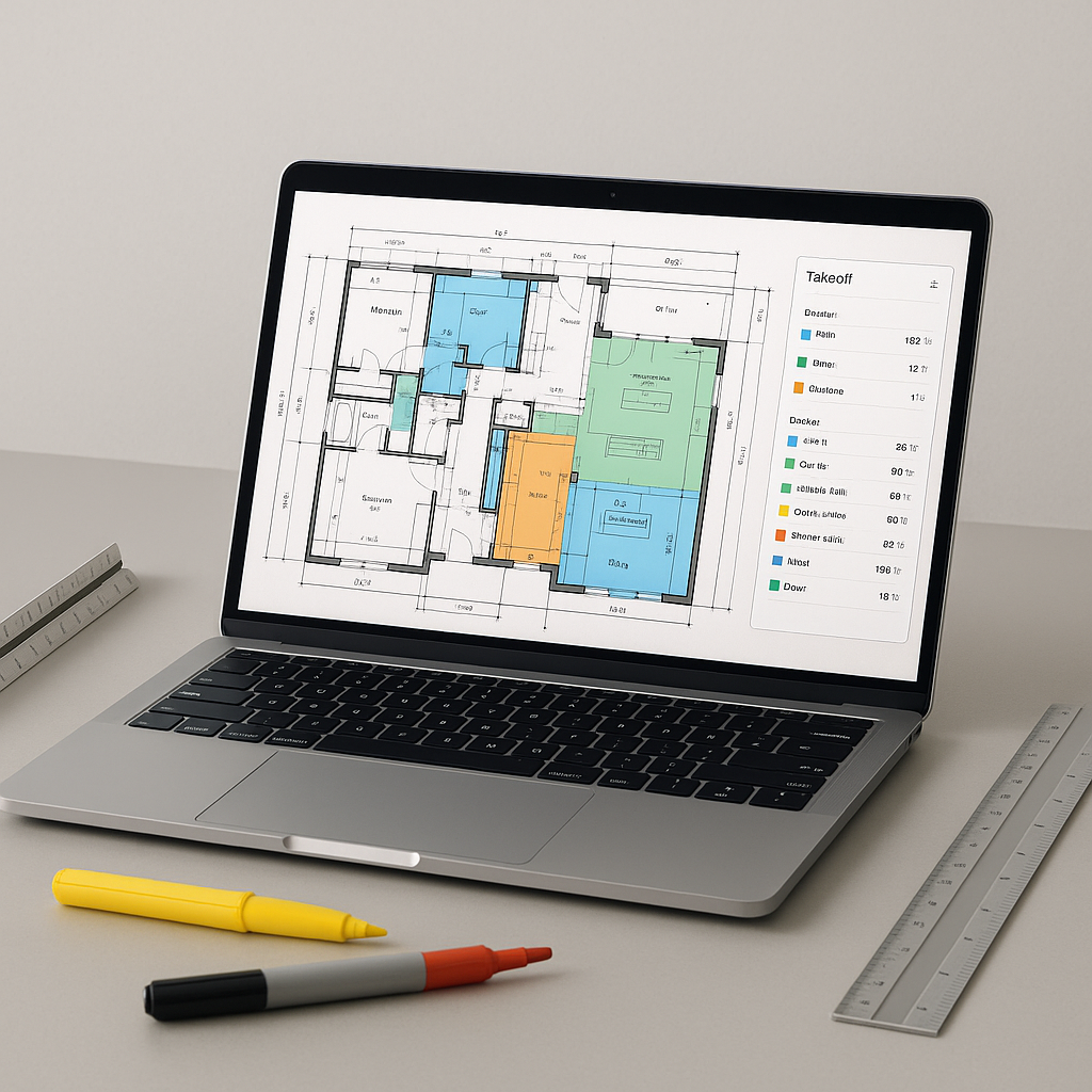 A modern construction estimator's desk with a laptop showing AI-powered takeoff software analyzing a detailed floor plan...