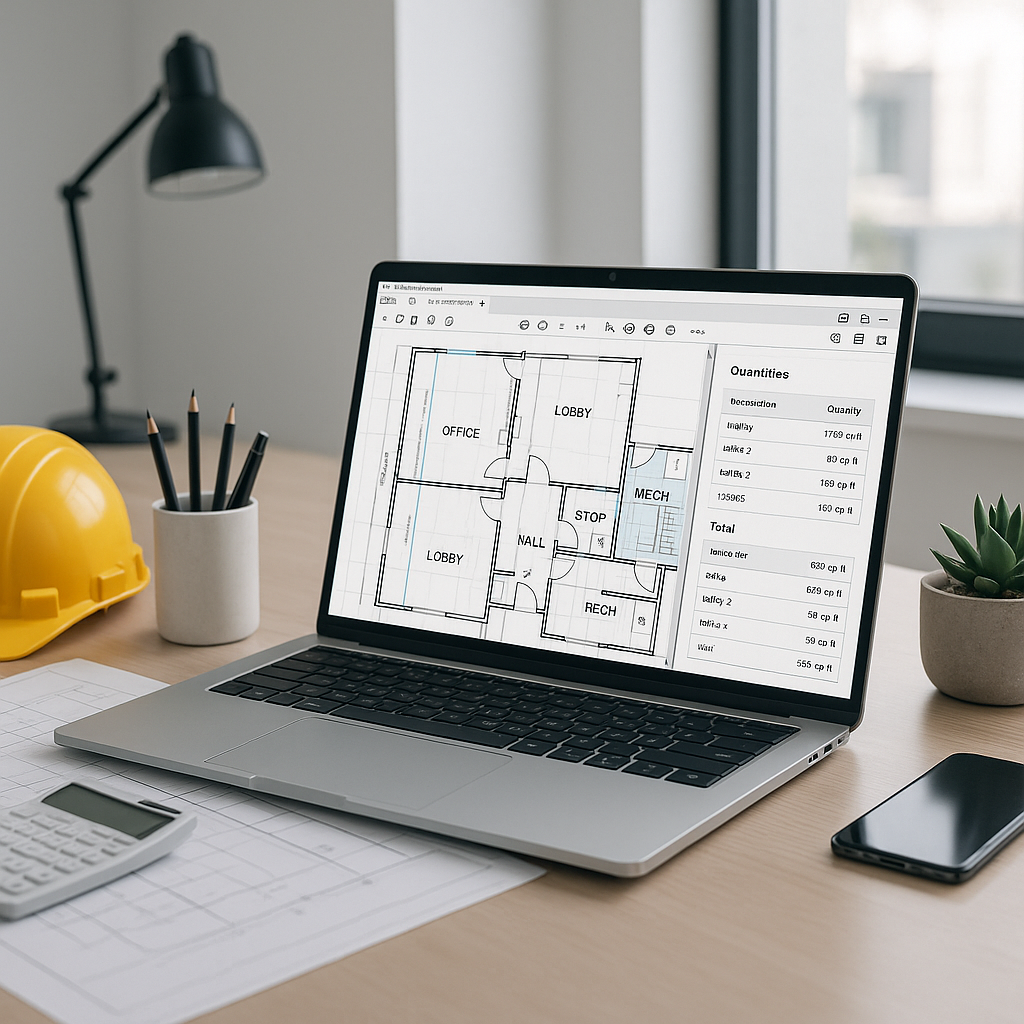 A modern construction estimator's desk with a laptop running AI-powered takeoff software, showing a PDF drawing on one s...