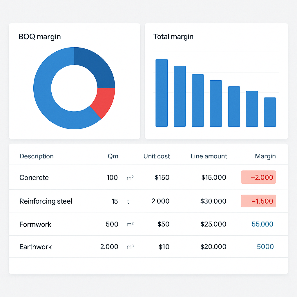 A dashboard displaying a BOQ margin report with highlighted negative-margin items, showing charts and data tables releva...