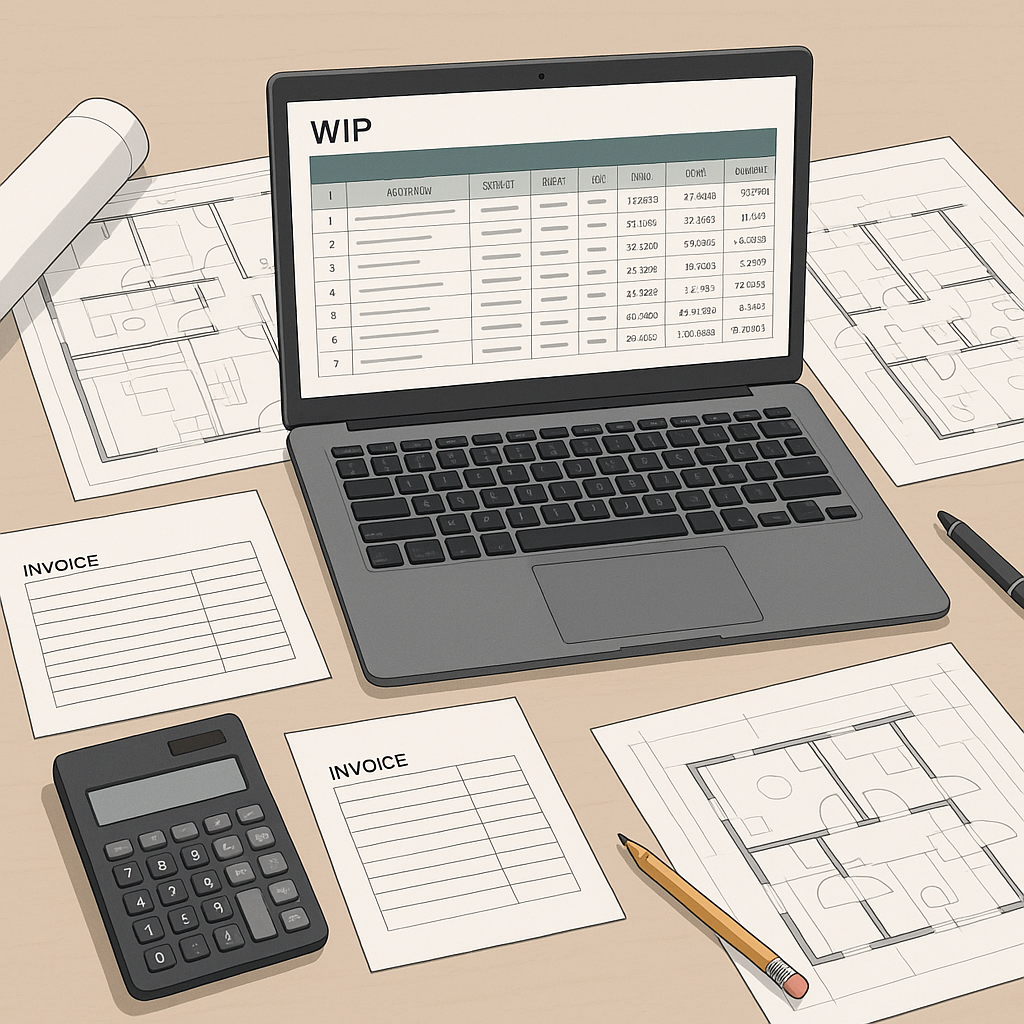 A detailed illustration of a contractor's office desk with a WIP report spreadsheet open on a laptop, construction bluep...