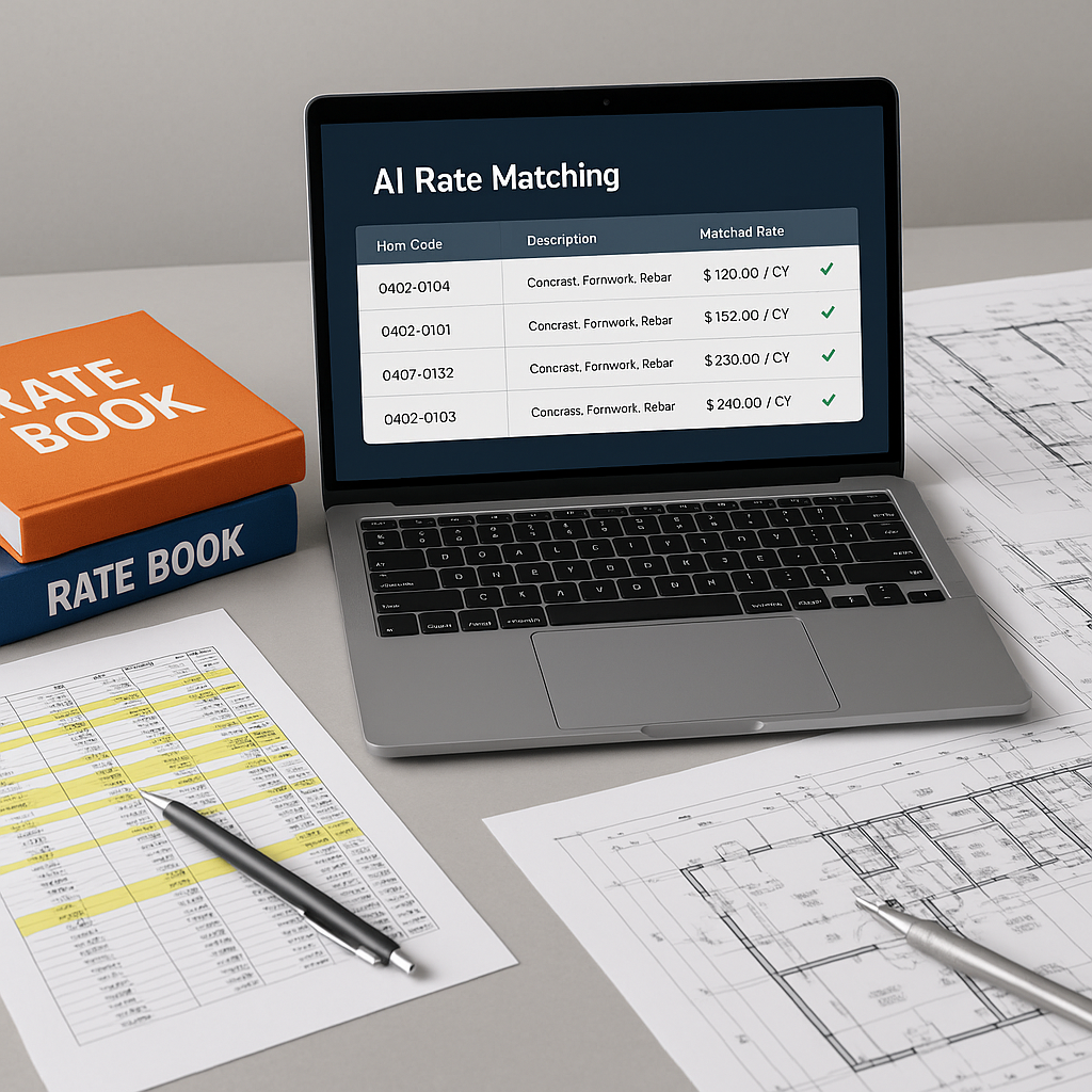A construction estimator's desk with a laptop displaying an AI-powered rate matching interface, surrounded by physical r...