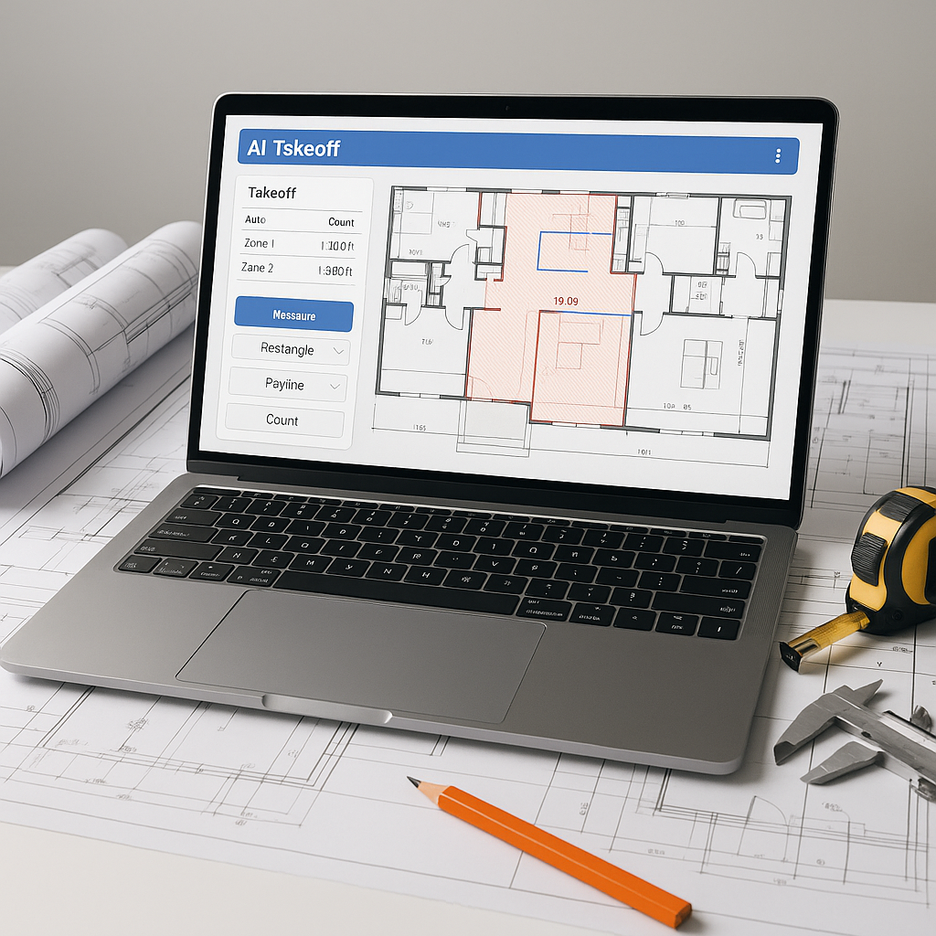 A modern construction estimator's desk featuring a laptop with an AI-powered takeoff software interface, surrounded by a...