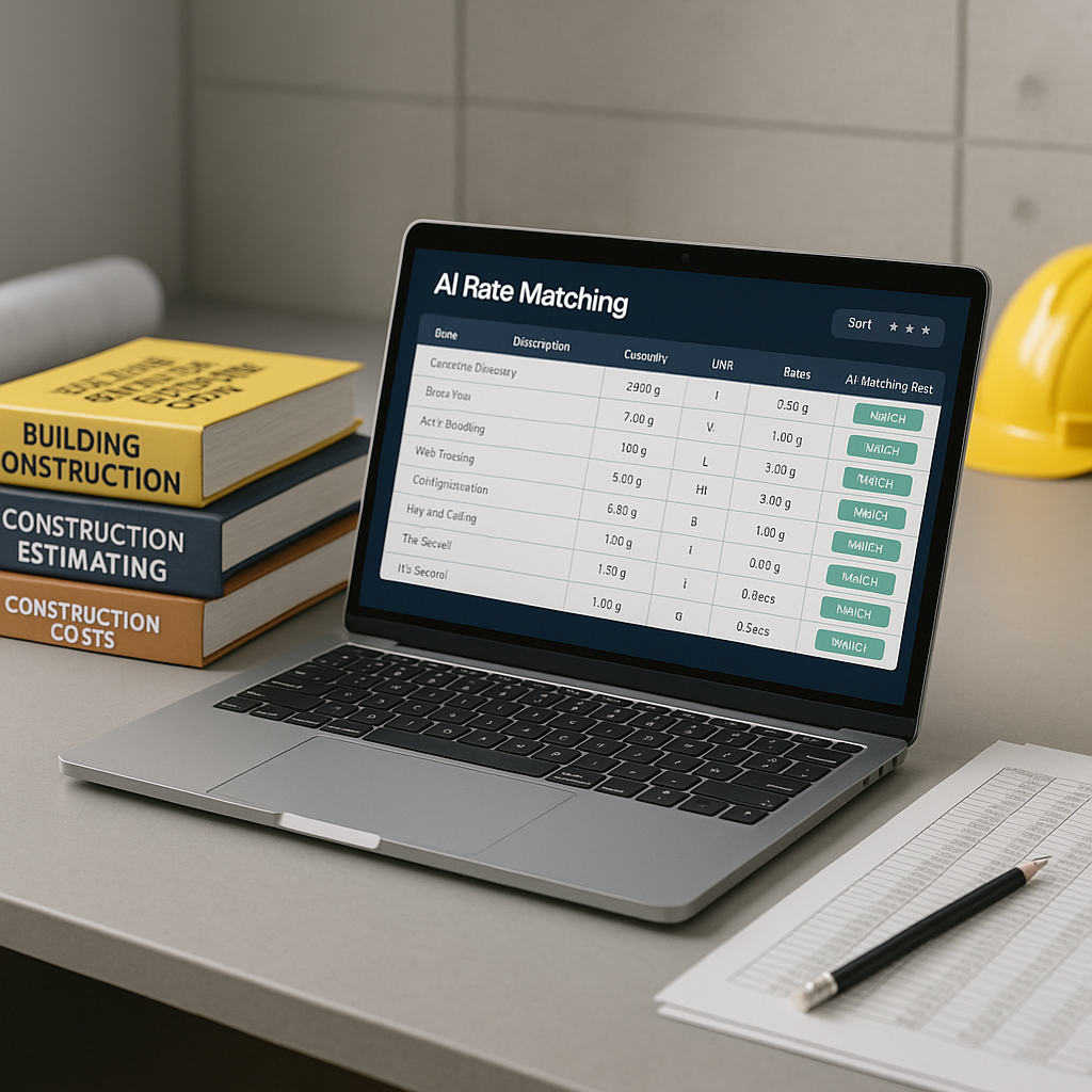 A realistic rendering of a construction estimator’s desk with a laptop displaying an AI-powered rate matching interface....