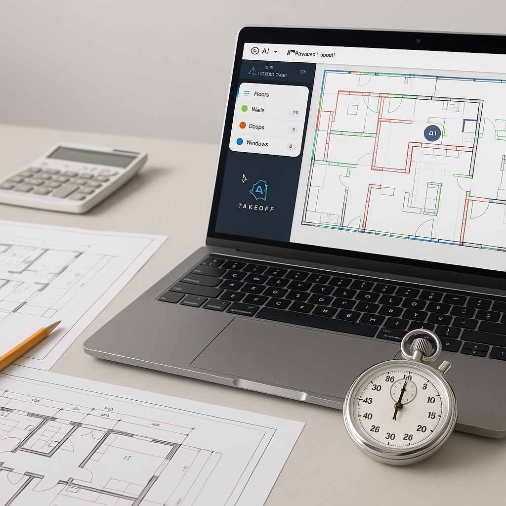 A realistic image of a construction estimator's desk with blueprints, a laptop displaying AI-powered takeoff software, a...