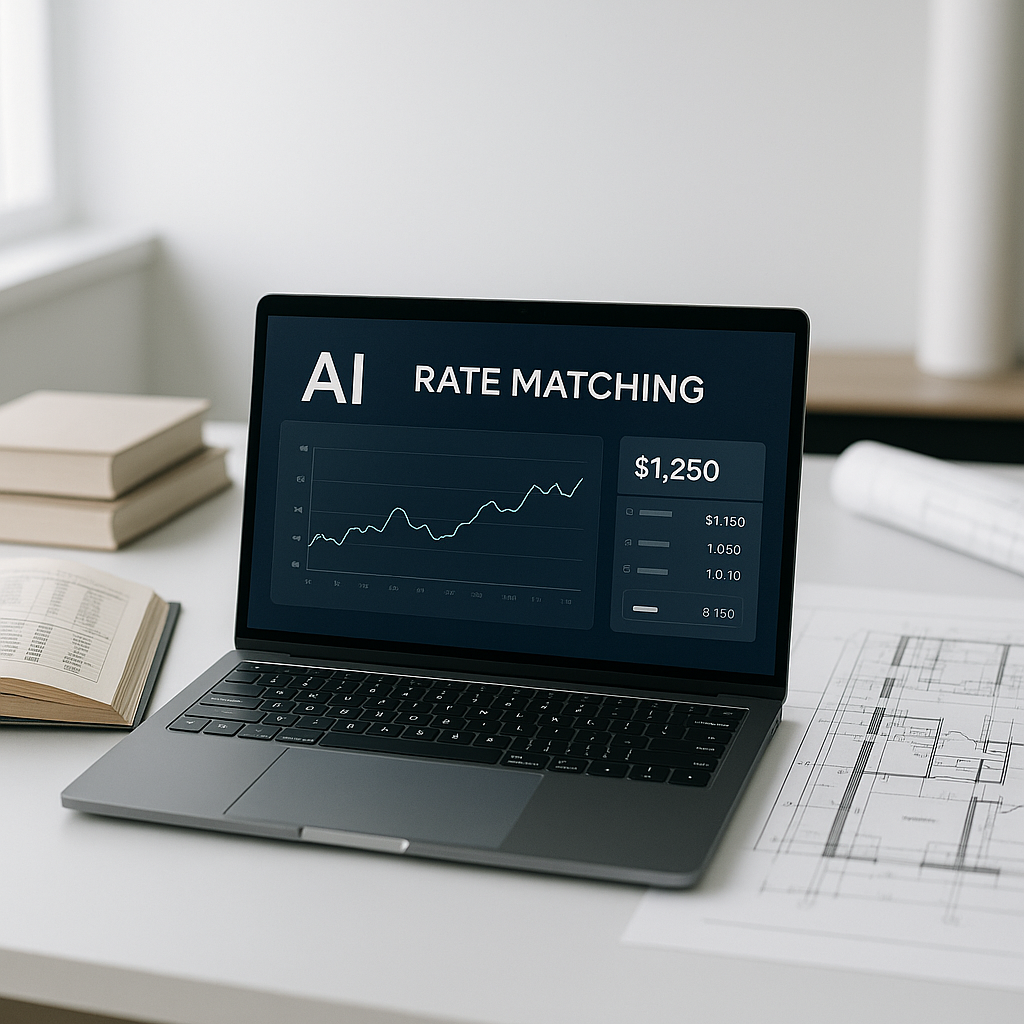 A sleek workstation with a laptop showing AI-powered rate matching software, surrounded by open construction rate books...