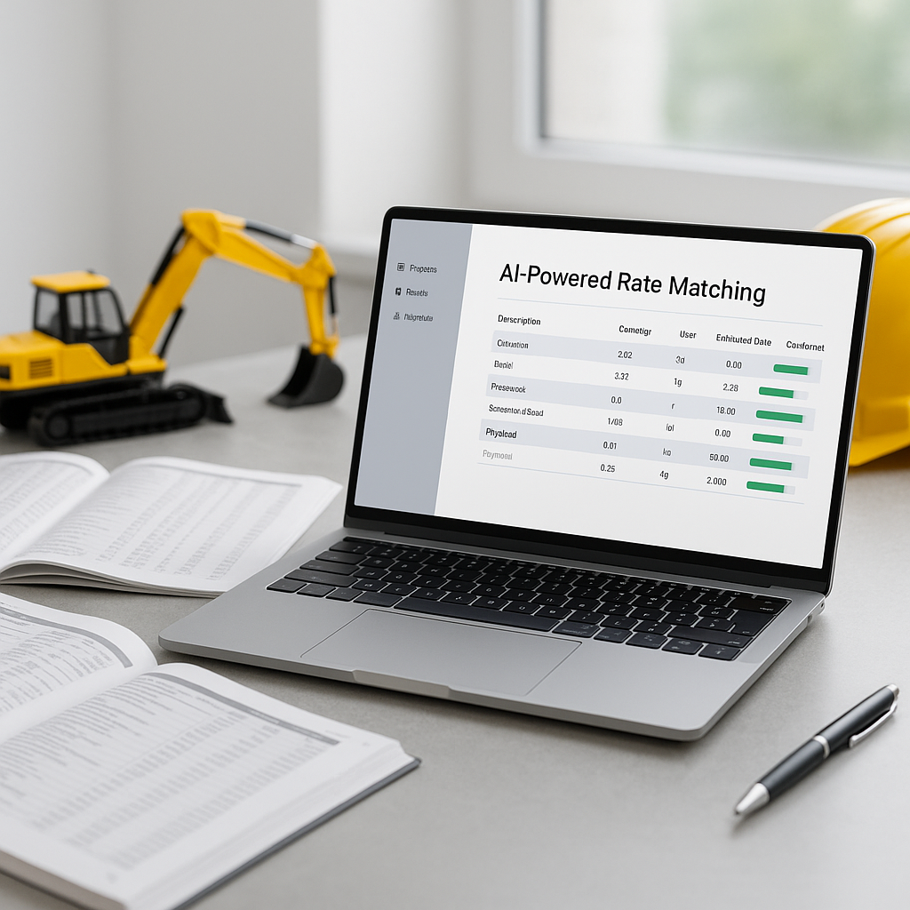 A modern construction estimator's desk with a laptop screen showing an AI-powered rate matching software interface. Back...