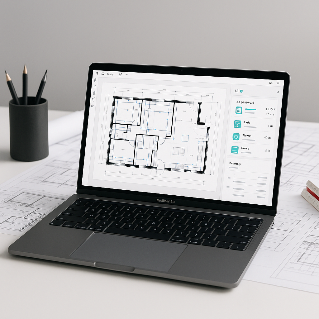 A modern construction estimator's desk with a laptop showing an AI-powered takeoff tool analyzing a detailed PDF drawing...