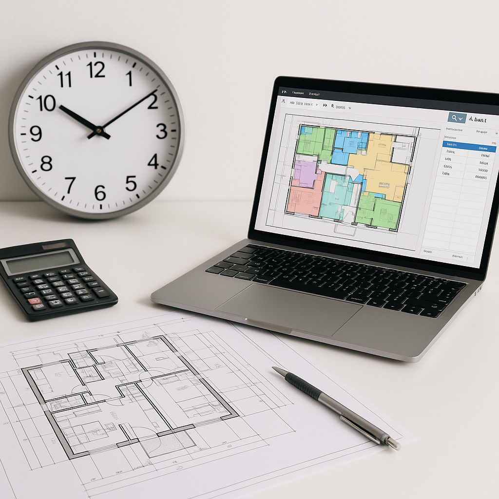 A construction estimator's desk with architectural drawings, a laptop showing AI-powered takeoff software, and a clock s...