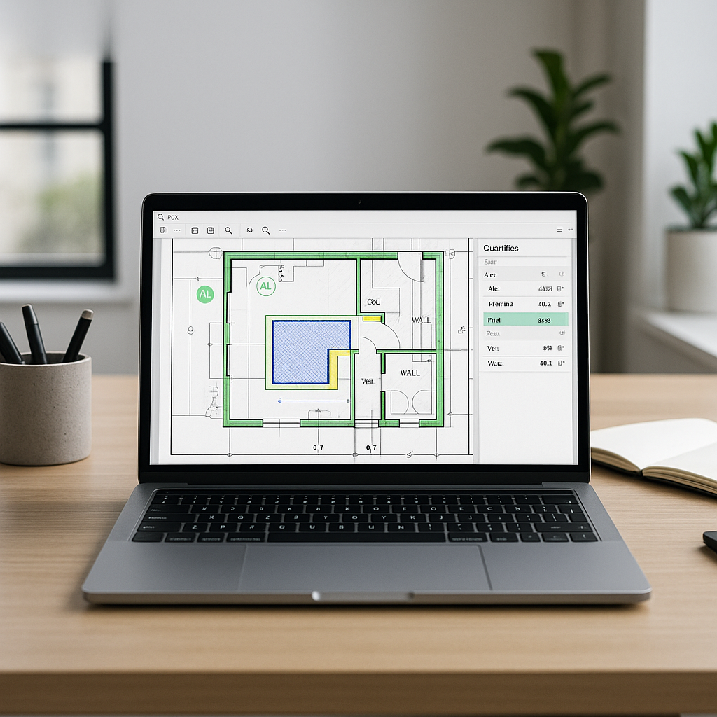 A professional workspace featuring a laptop running AI-powered takeoff software extracting quantities from a PDF constru...
