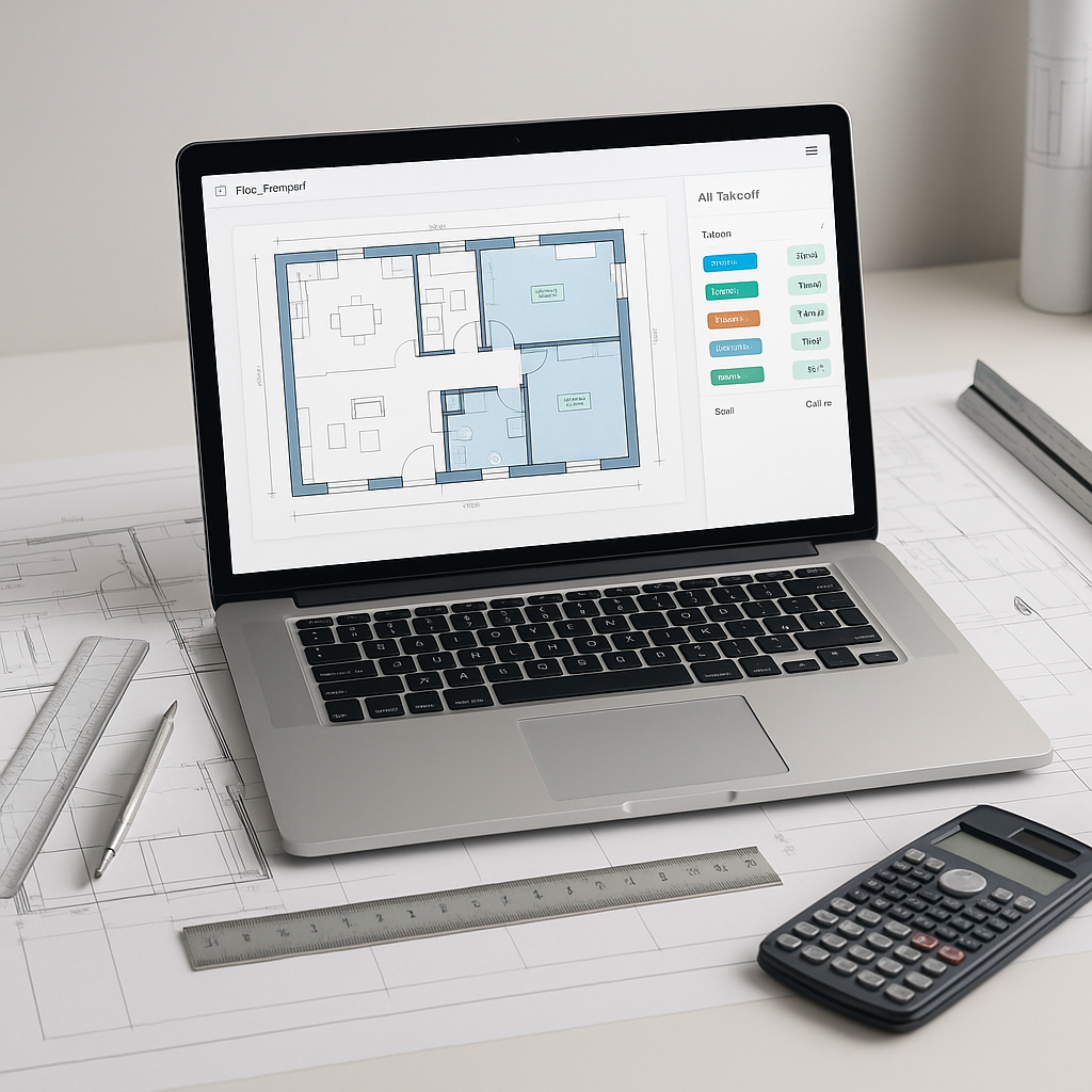 An architectural desk with a laptop displaying an AI-powered takeoff tool analyzing a PDF blueprint, surrounded by tradi...