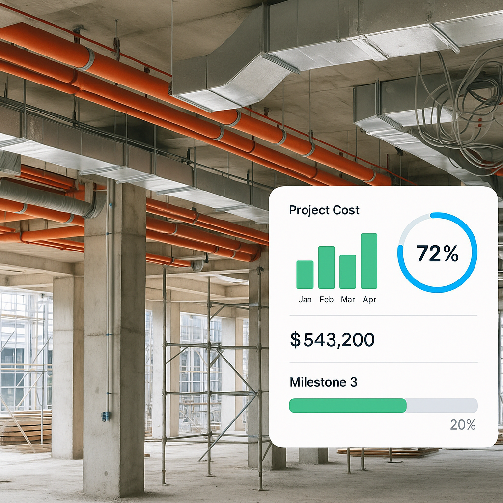 A modern construction site with MEP installations (pipes, cables, ductwork) in progress, overlaid with a digital dashboa...