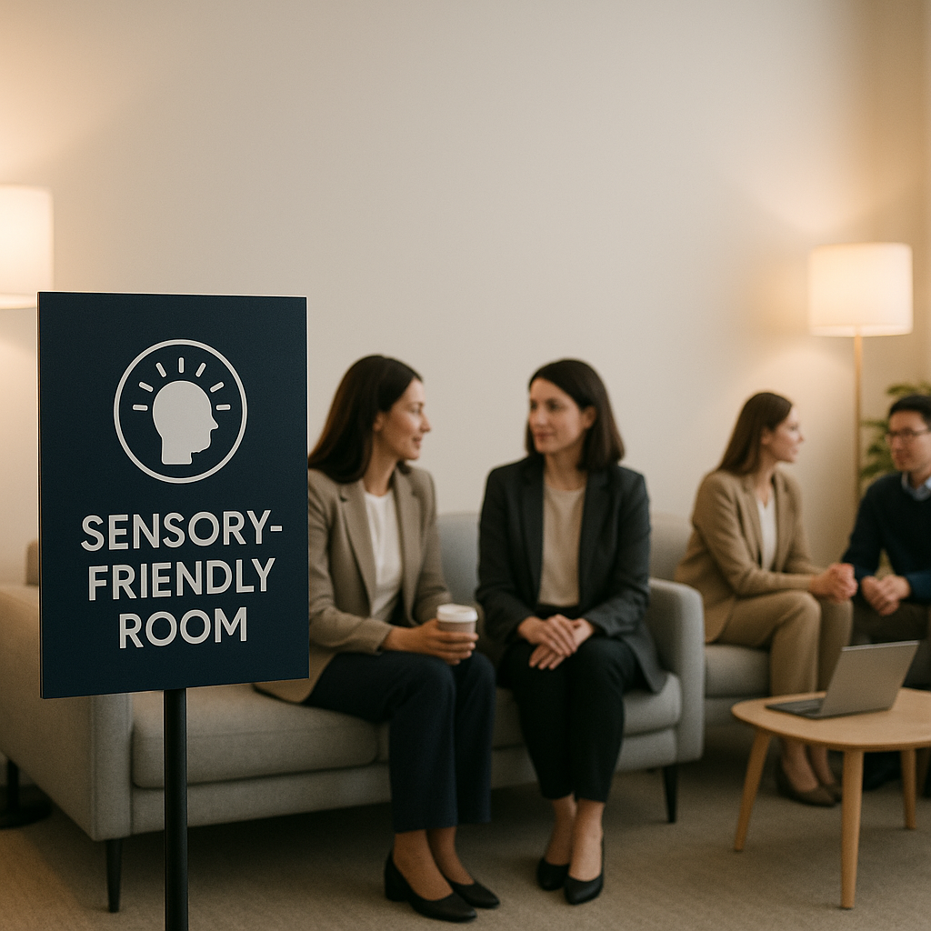 A professional event setup with thoughtful details for inclusion: a quiet room with soft lighting, signage for sensory-f...