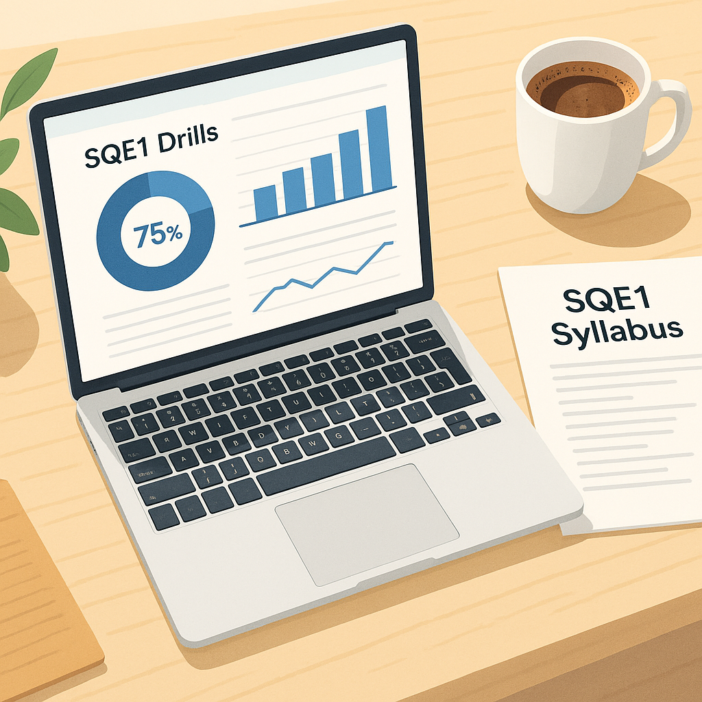 A detailed illustration of a desk setup for SQE1 preparation, including a laptop displaying SQE1 drills analytics, a pri...