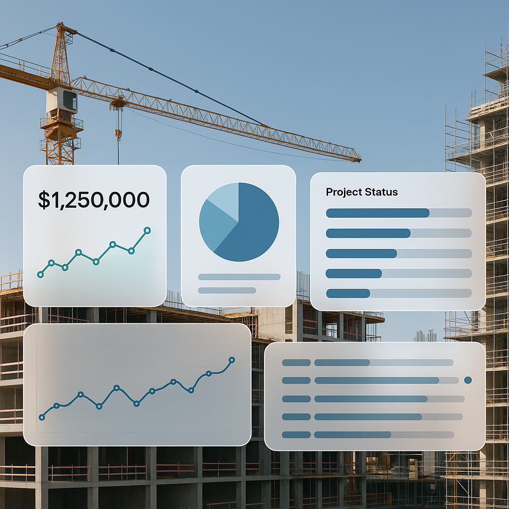 A modern construction site with digital dashboards overlaying real-time data, showing financial metrics and project stat...