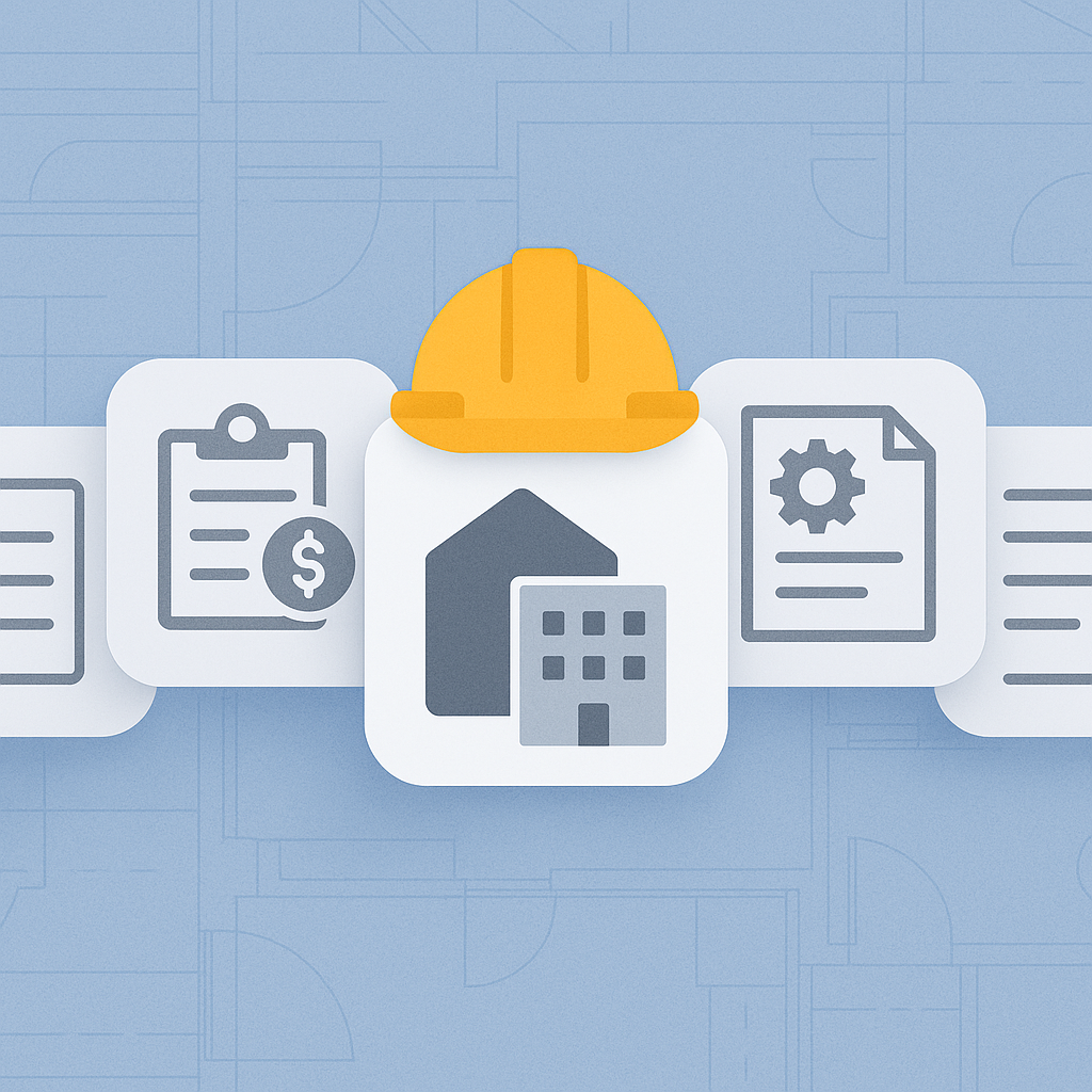 A clean, professional illustration of a construction workflow: overlapping icons for work items, budgets, RFPs, WOs, and...