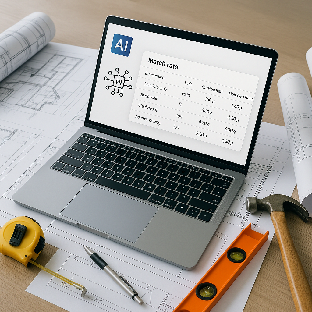 A construction estimator's desk with a laptop displaying AI software matching rates from a catalog, surrounded by bluepr...