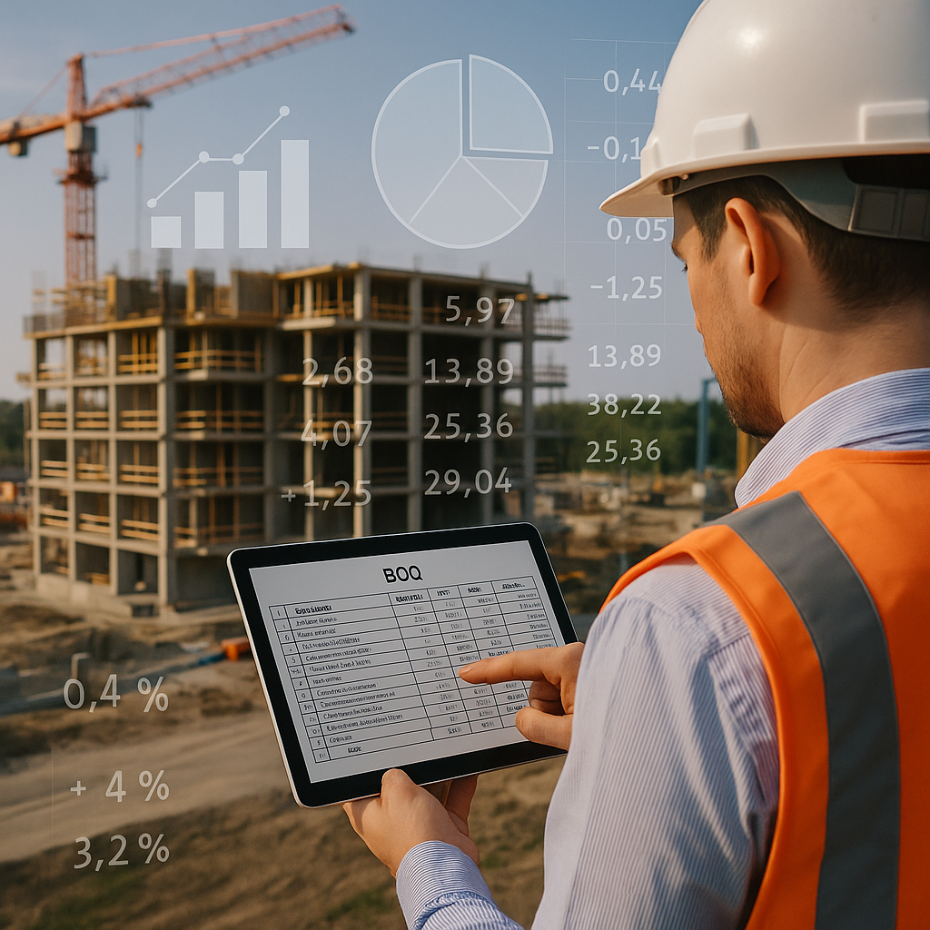 A detailed featured image of a construction project site with a contractor analyzing a BOQ on a tablet, overlaid with gr...