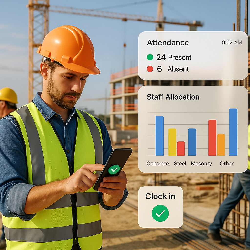 A dynamic construction site showing workers clocking in via a mobile app, with a digital dashboard overlay displaying re...