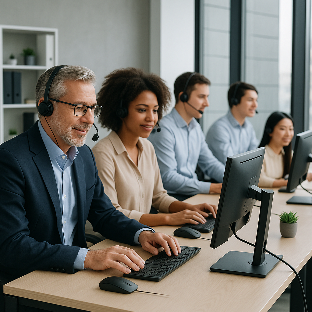 A modern call center with diverse customer service representatives, some older and experienced, some younger and eager,...