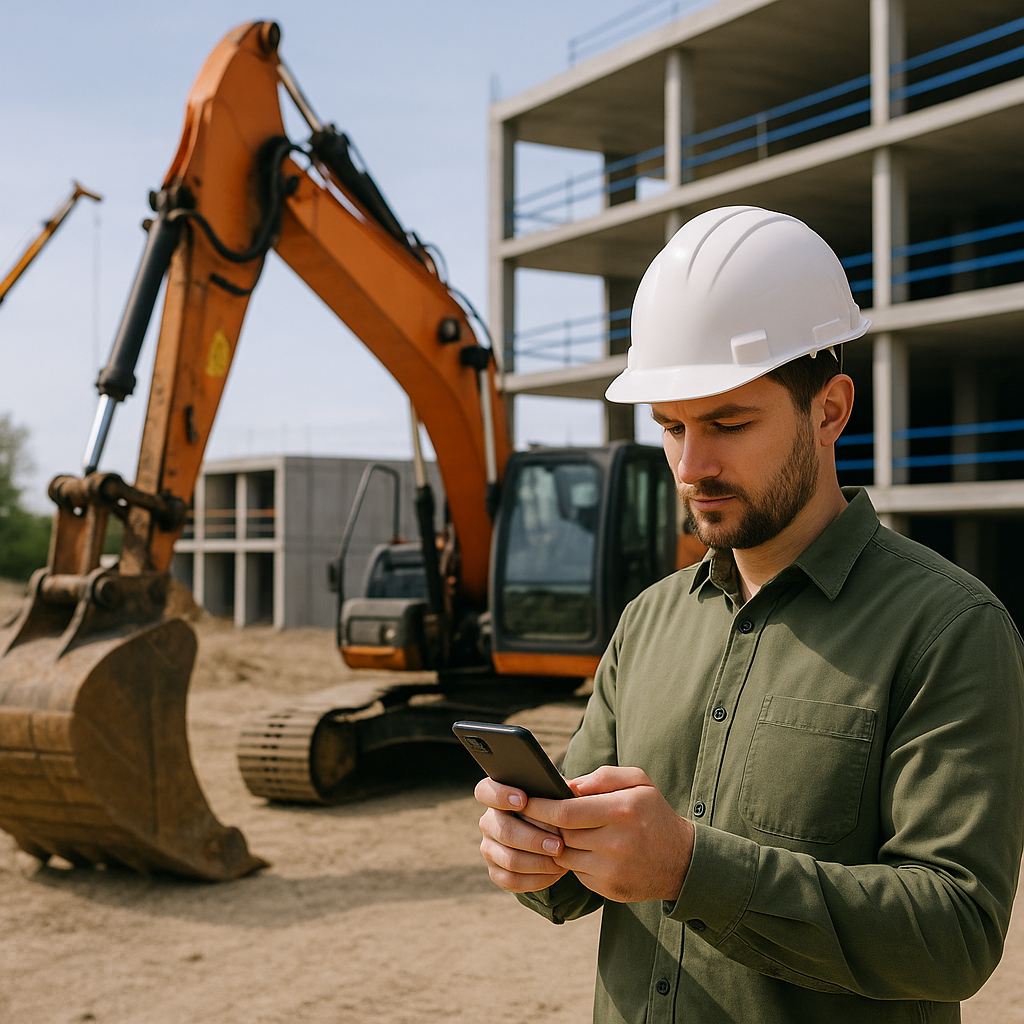 A field contractor using a mobile app to capture BOQ details on-site, with construction equipment and a partially built...