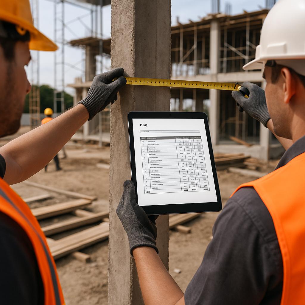 A construction site with workers measuring progress against a detailed BOQ document, shown on a tablet screen with a cle...
