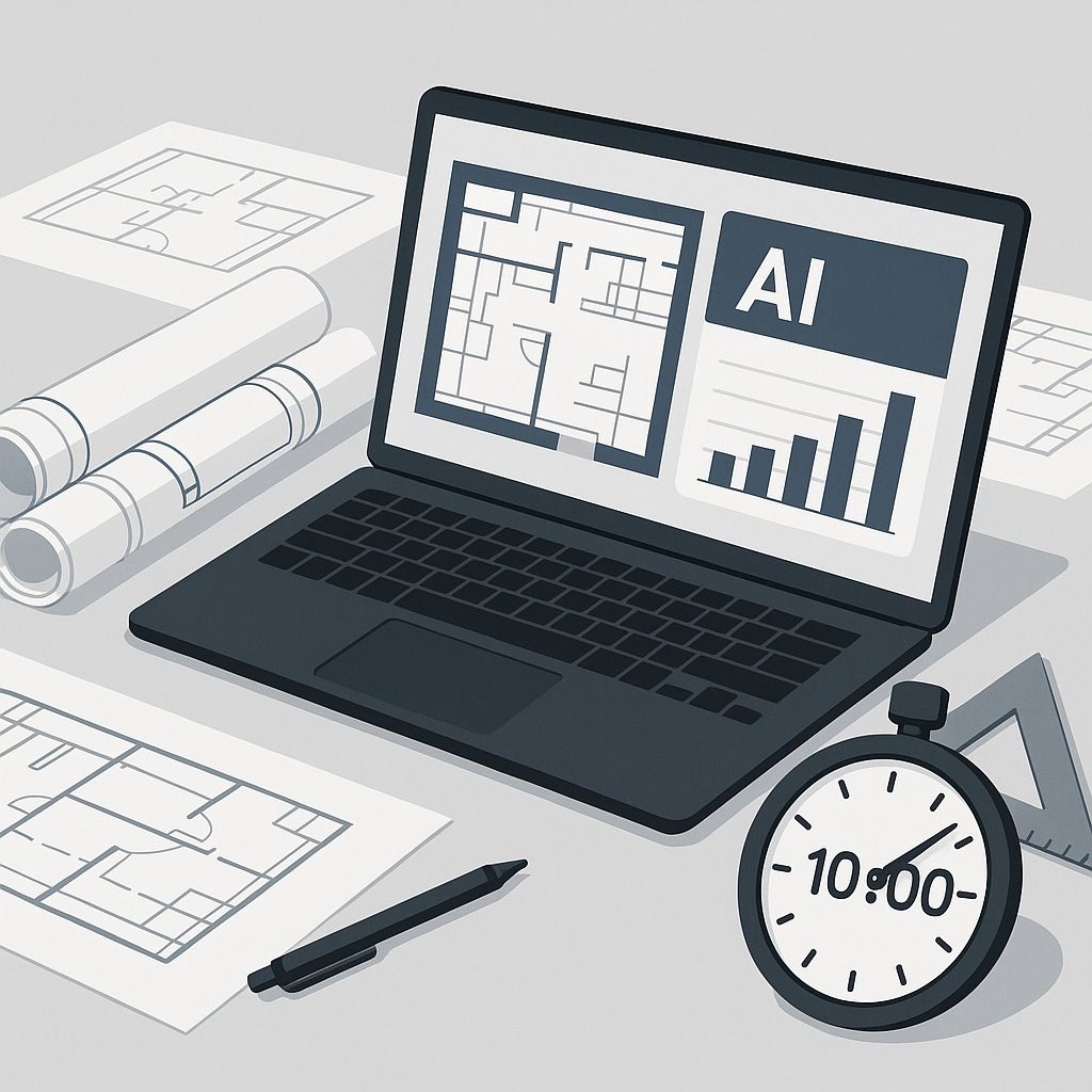 A digital illustration showing an architect's desk with a laptop running an AI-powered takeoff software, blueprints, and...