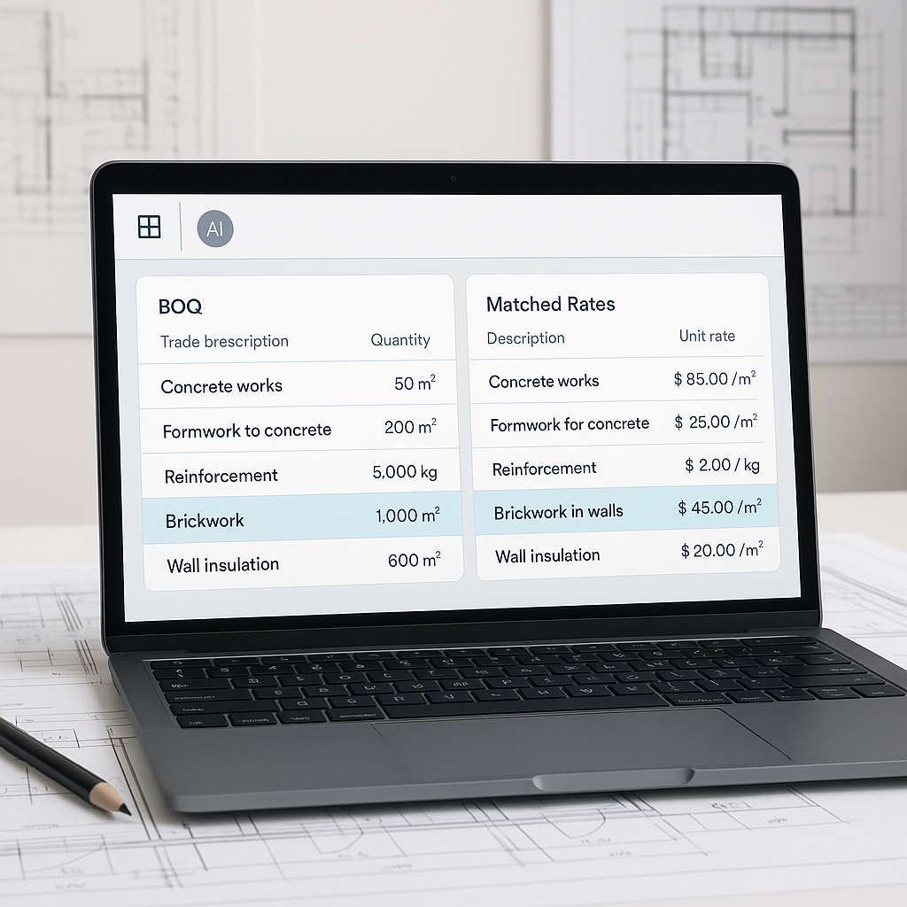 An AI-powered software interface showing construction rate matching results, with a BOQ on one side and matched rates on...