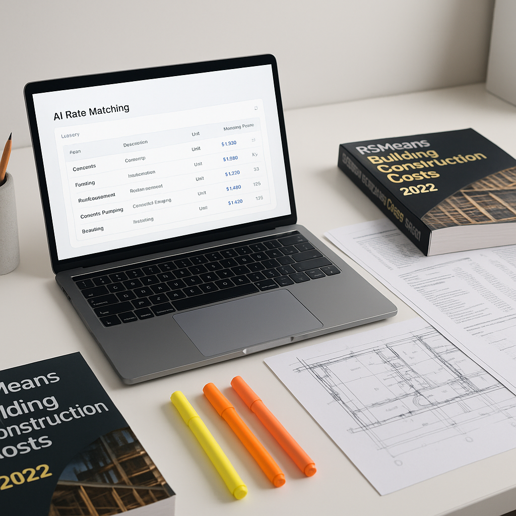 A mid-sized construction estimator's desk with a laptop showing an AI-powered rate matching tool interface, alongside an...