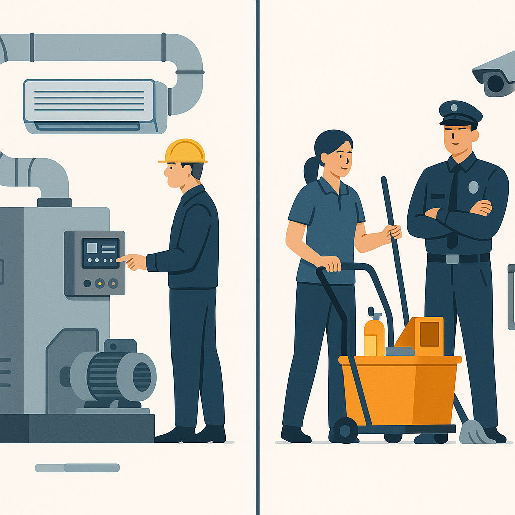 A professional illustration showing a split-screen comparison of hard facilities management (machinery, HVAC systems) an...
