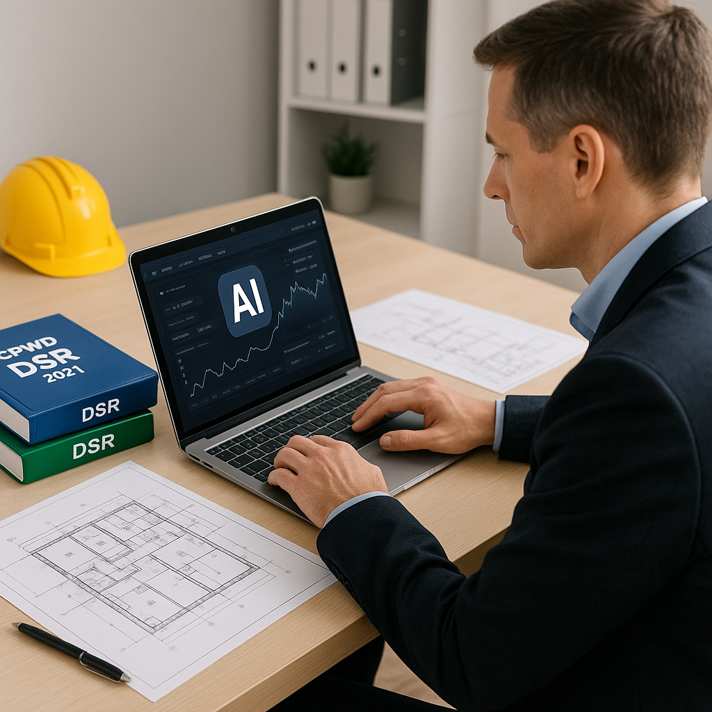 A professional construction estimator using an AI-powered software tool on a laptop, with CPWD DSR rate books and buildi...