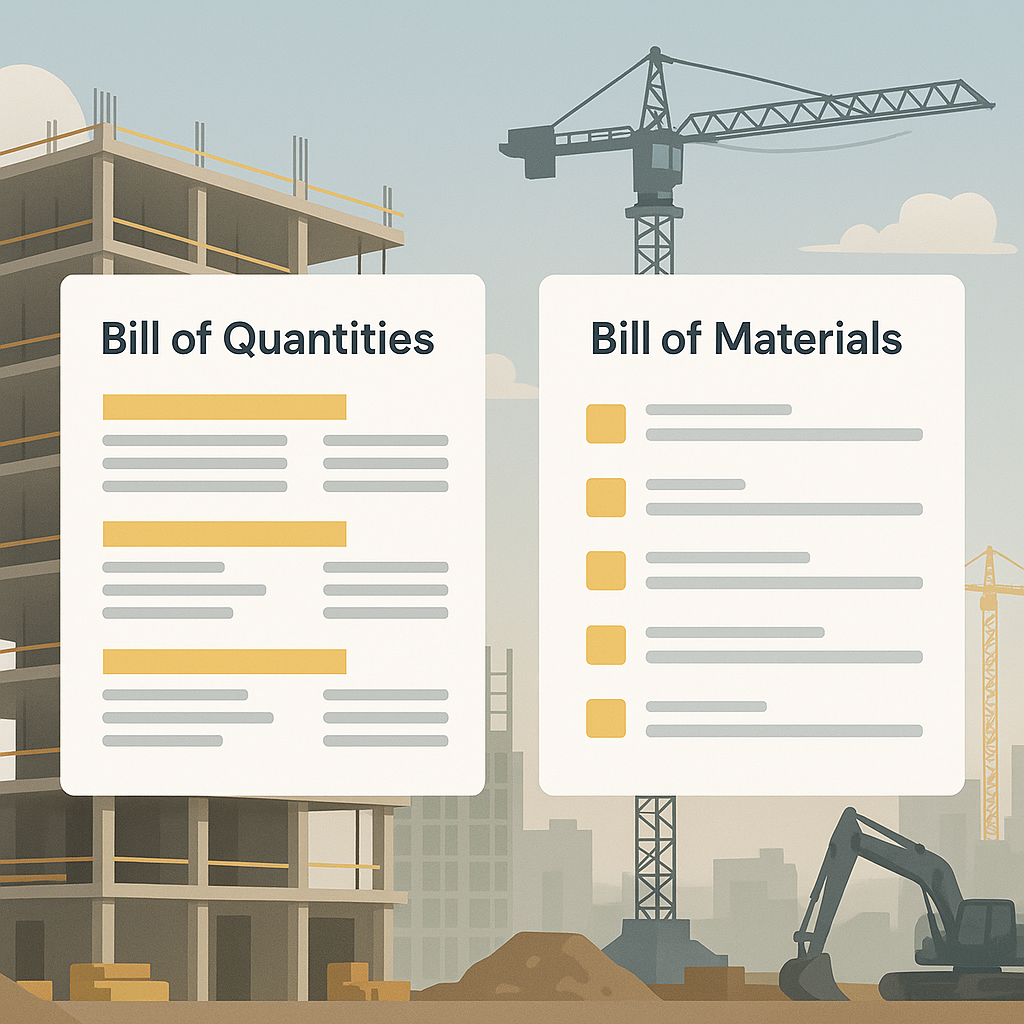 A side-by-side comparison of two construction documents: a Bill of Quantities (hierarchical list of deliverables) and a...