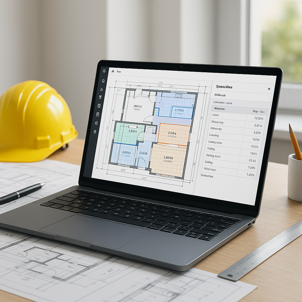 A realistic rendering of a construction estimator's desk with a modern laptop showing an AI-powered takeoff tool extract...