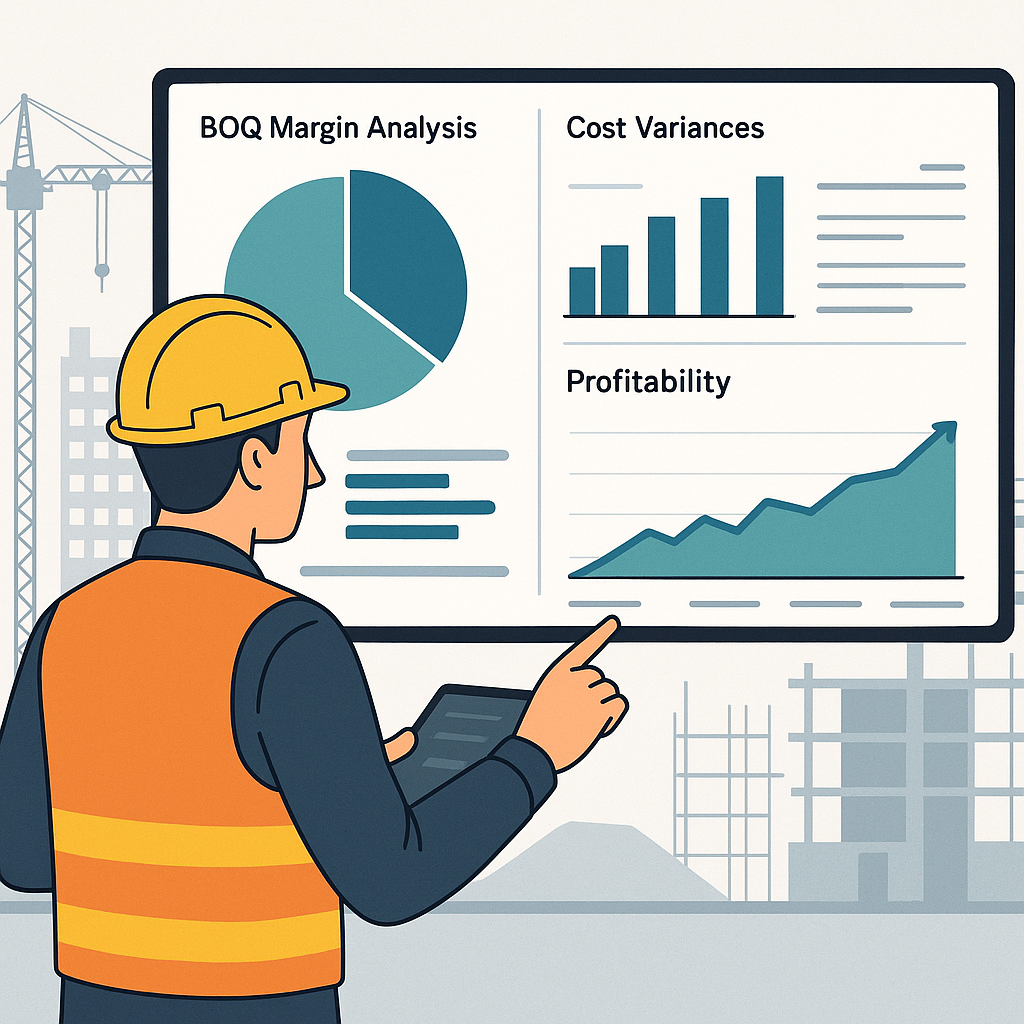 A detailed illustration showing a contractor reviewing a digital dashboard with BOQ margin analysis, cost variances, and...