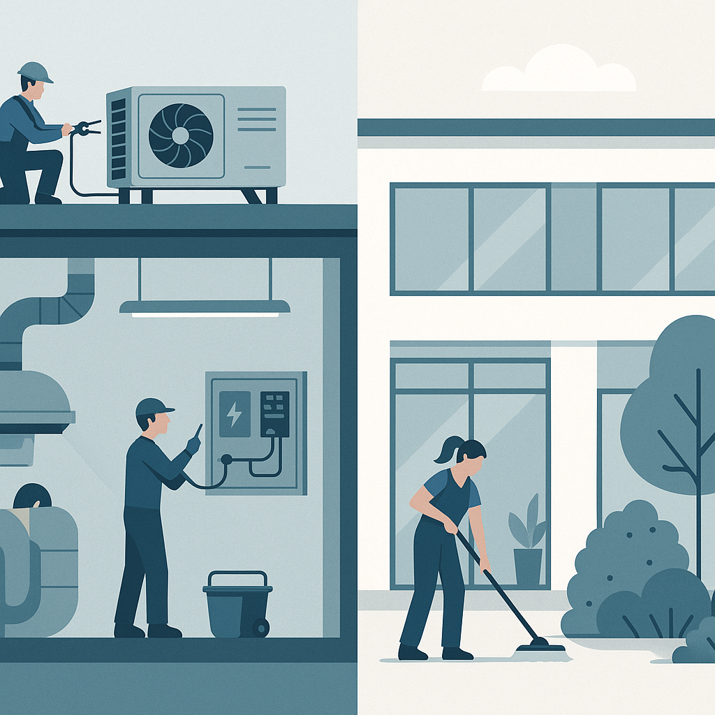 An illustration of a modern facility with a split view: one side showing hard FM services like HVAC and electrical syste...