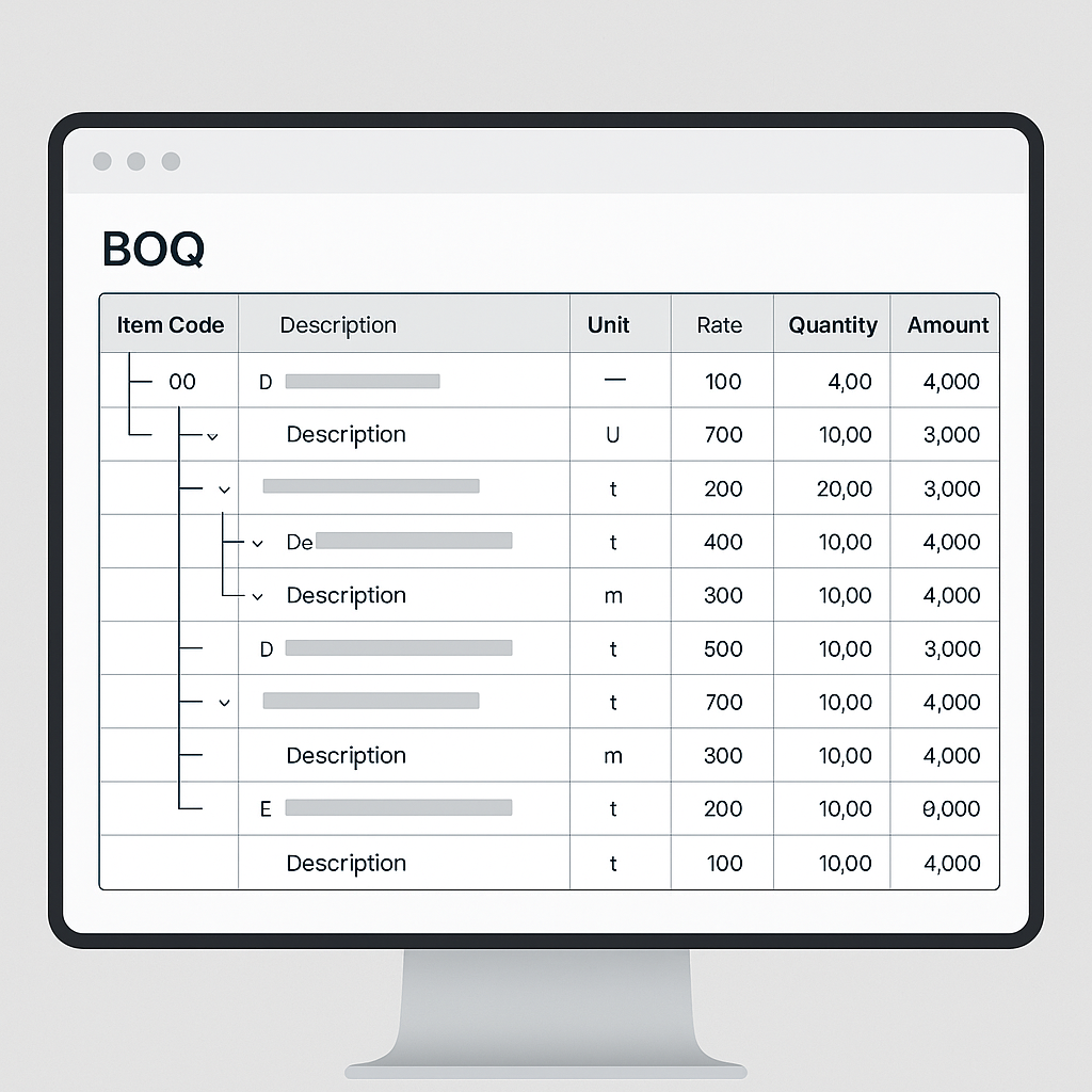 A detailed BOQ screen mockup showing a hierarchical tree structure with columns for item code, description, unit, rate,...