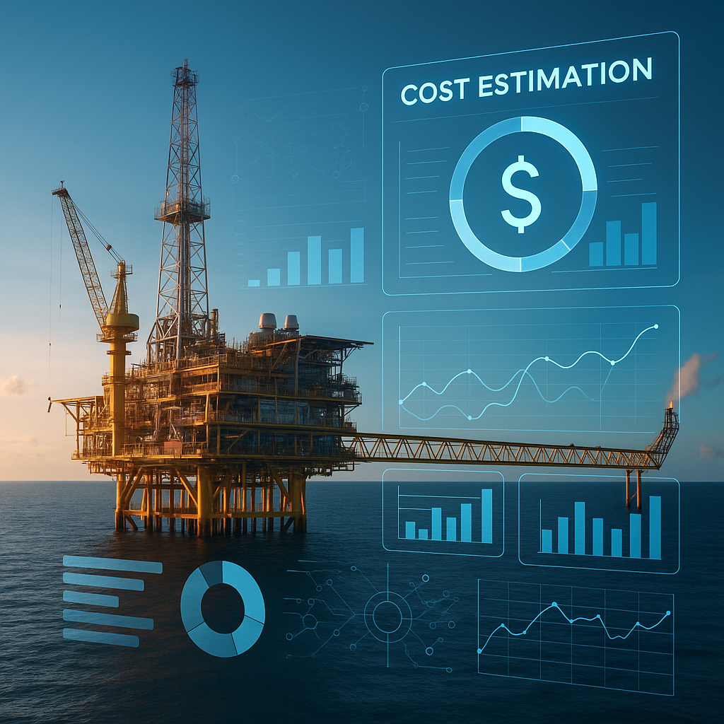 A detailed image of an offshore oil rig with a futuristic digital overlay showing cost estimation metrics and analytics...