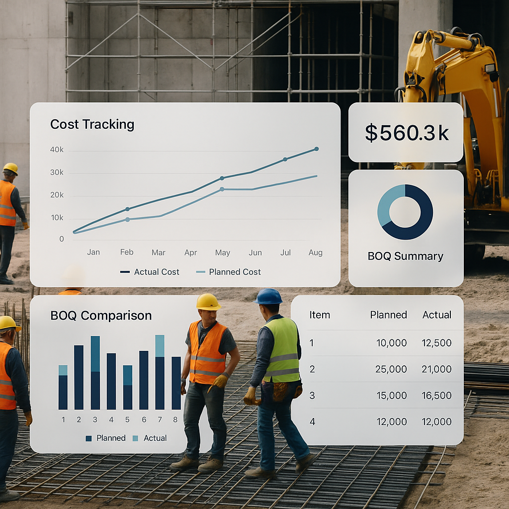 A construction project site with workers and equipment, overlaid with a digital dashboard showing real-time cost trackin...