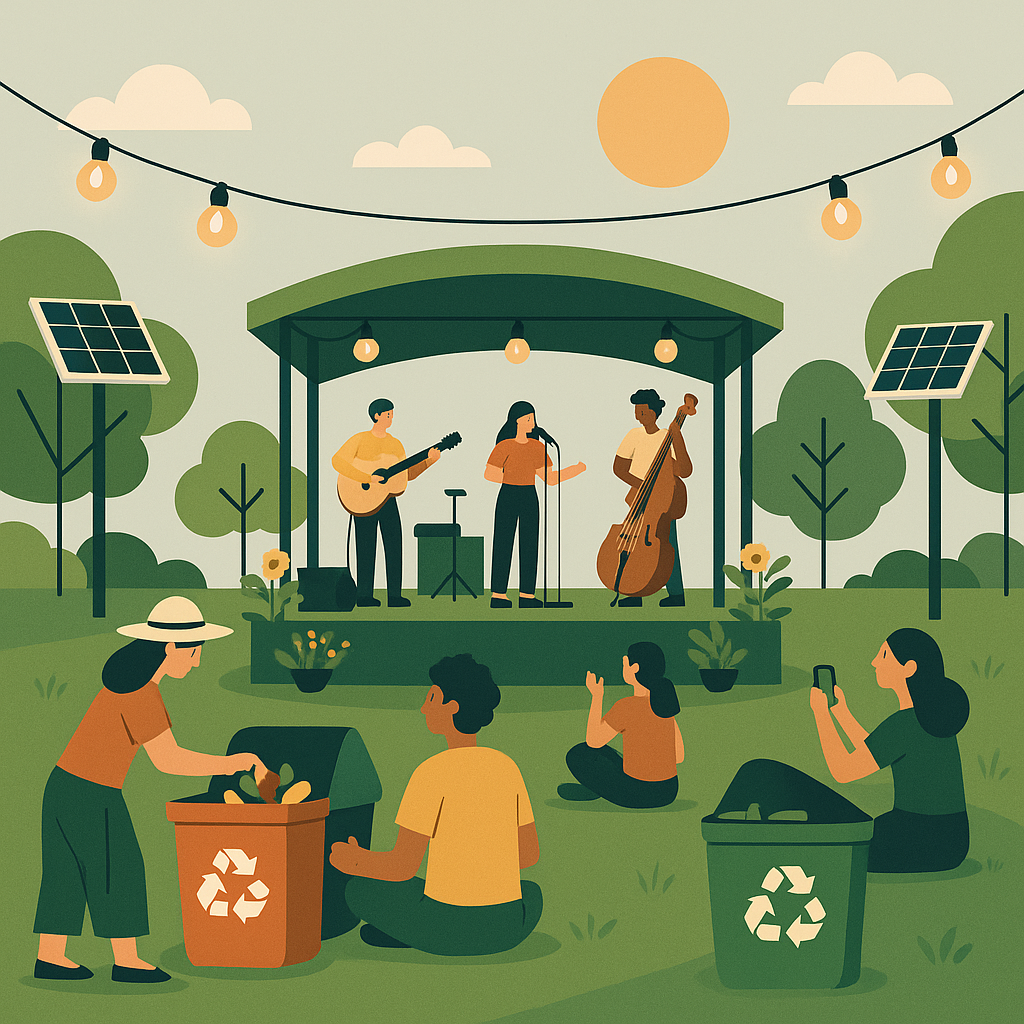 An outdoor community music event with solar-powered lighting, a green stage setup, and attendees recycling waste into co...