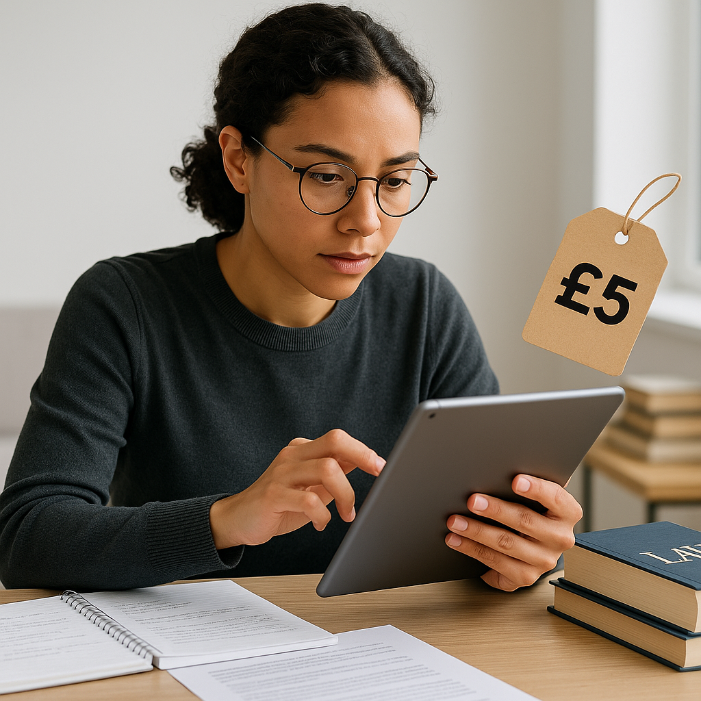 A focused law student using a tablet for online study, surrounded by notes and books, with a visible £5 price tag. Clean...