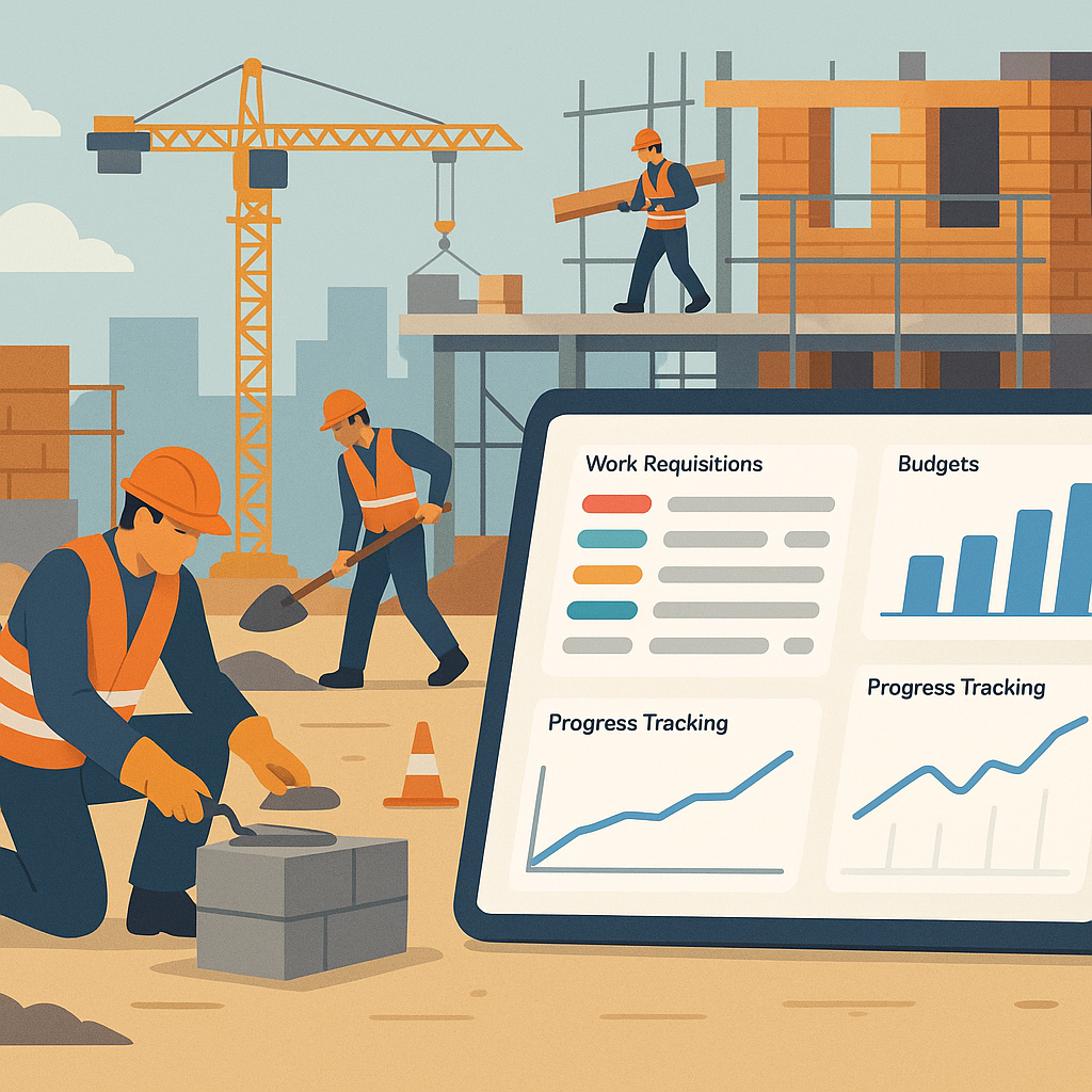 An illustration of a construction site with subcontractors working, alongside a digital tablet showing subcontractor man...