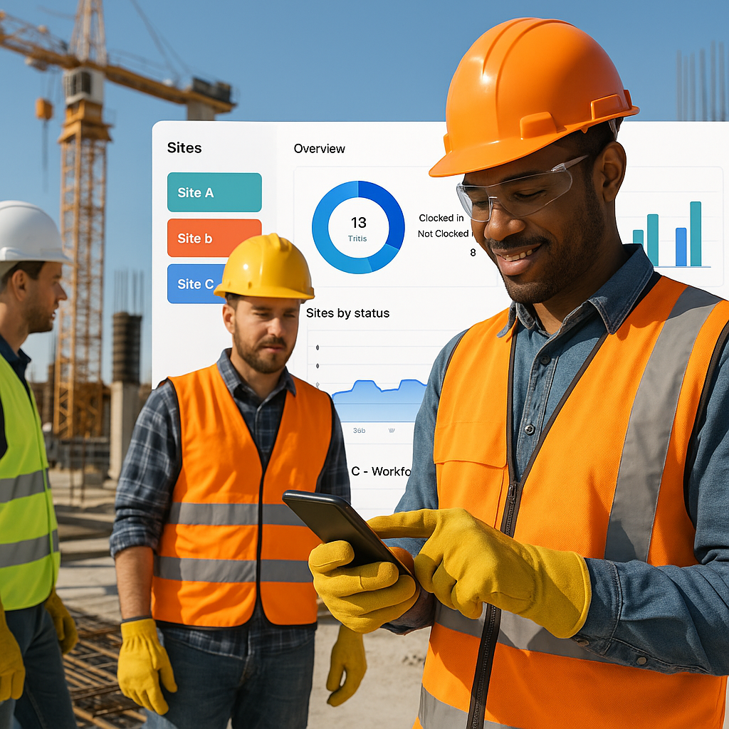 A construction site with workers in safety gear clocking in using a mobile app, with multi-site dashboards displayed in...